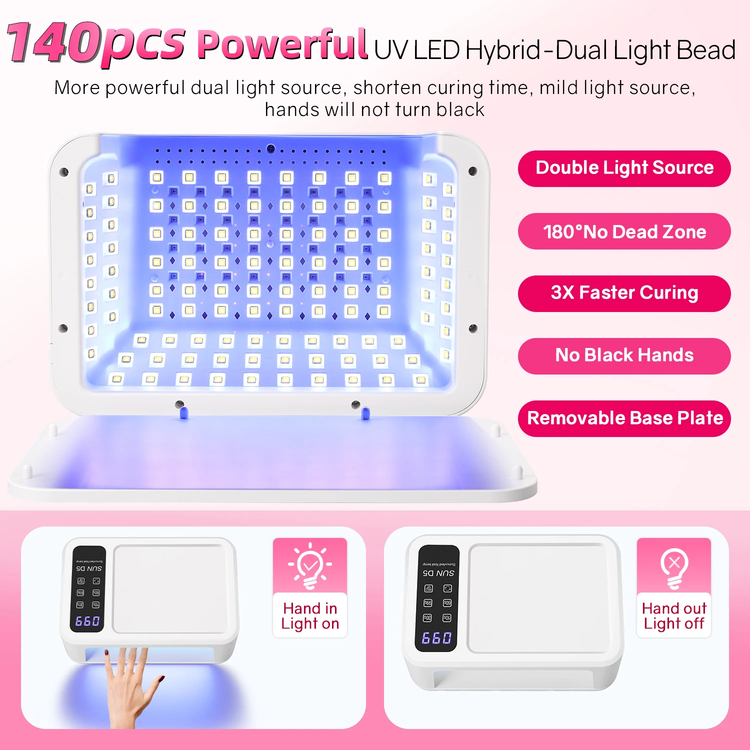 Lampada per unghie UV LED da 480 W per polimerizzare lo smalto gel Lampada per unghie professionale 140 LED con 4 impostazioni timer Funzione di sbiancamento Strumenti per saloni