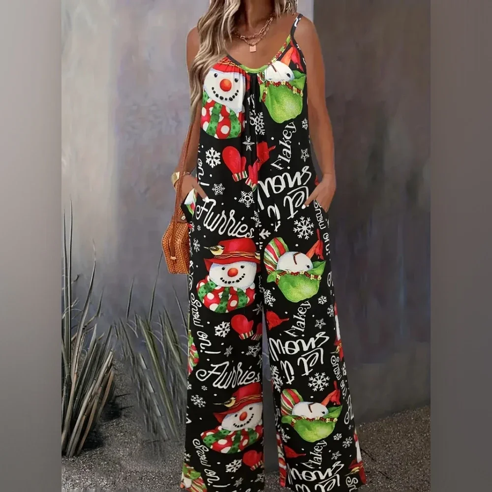 Christmas themed print sexy V-neck halter print romper with pocket slacks for ladies