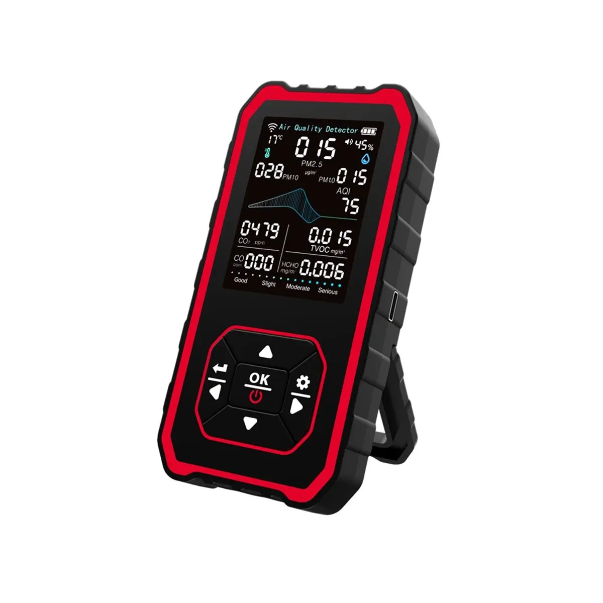 DT38 Portable Indoor Air Quality Detector Rea for AQI, CO2, PM2.5, PM1.0 TVOC, HCHO, Particles, Temperature & Humidity Black
