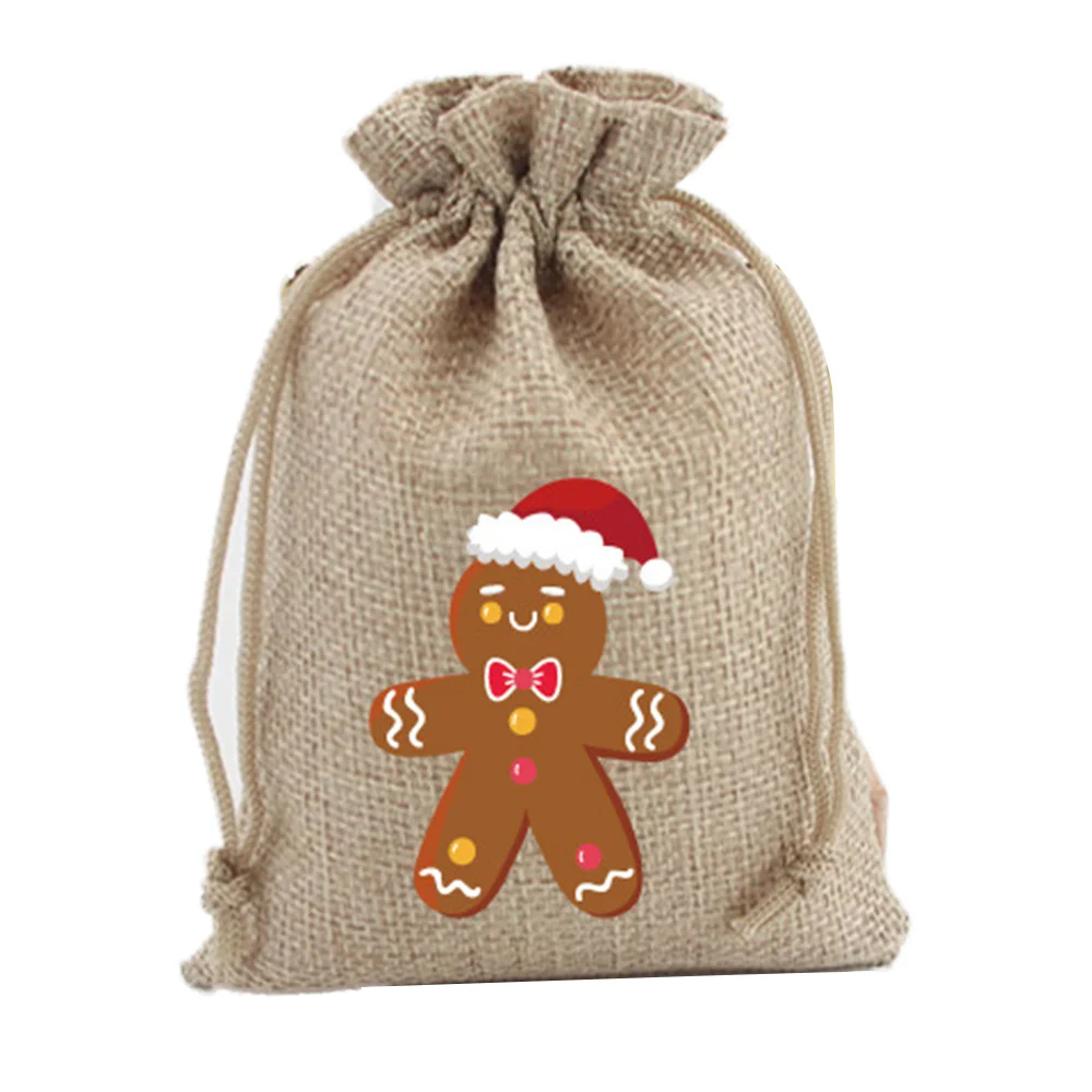 10PCS Christmas Drawstring Gift Bags - Reusable Gingerbread Man Candy Burlap Bags - Christmas Holiday Home Party Supplies Favors