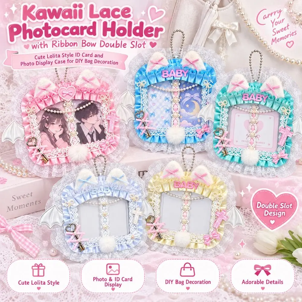 New Double Slot Photocard Holder Ribbon Bow Lace Lace Card Holder Cute Lolita Style Photo Card Display Holder Craft Accessory