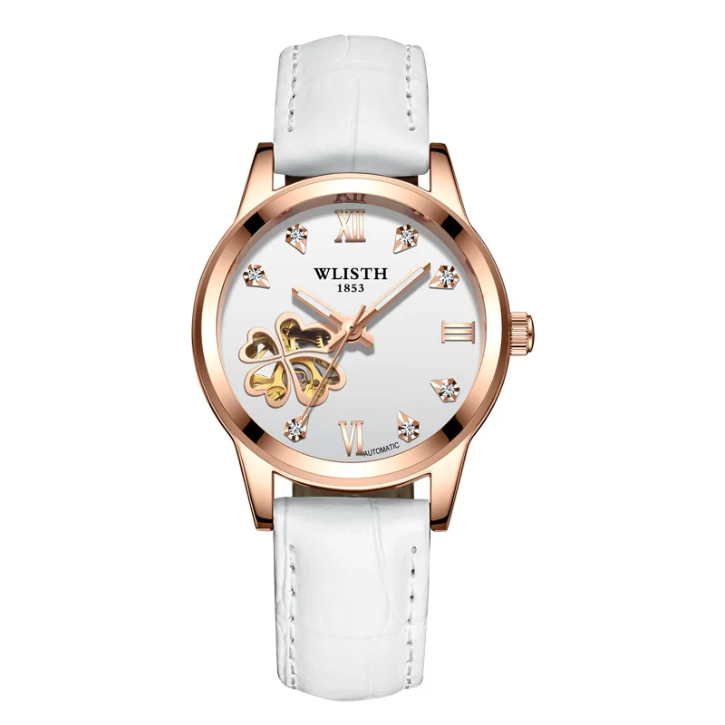 

WLISTH New Clover Women's Watch Waterproof Fashion Hollow Automatic Mechanical Leather Strap