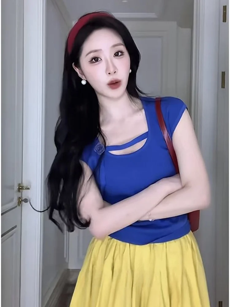 Klein Blue Short Sleeve Knitted Ice Silk Slim Fit Top Women's Summer Thin Waist Shaping T-Shirt Casual Commute Style Korean V...
