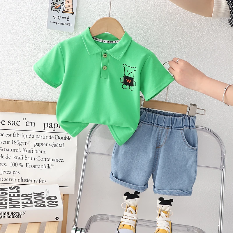 0-5 Year Old Baby Boy Summer Simple Clothes Set Children\'s Fashion Cartoon Robot Polo Shirt + Denim Shorts 2-Piece Suits