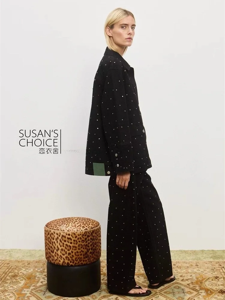 Susan Australian Holiday Sle Long Sve Denim Jaet Pantaloni a gamba larga Set Faion da donna Casual Four Seasons Abito per adulti