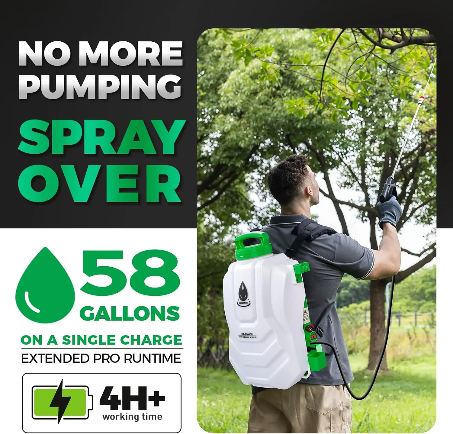 Backpack Sprayer 4 Gallon SelfCleaning Battery Powered Weeding Cleaning No Gear Limit Variable Pressure