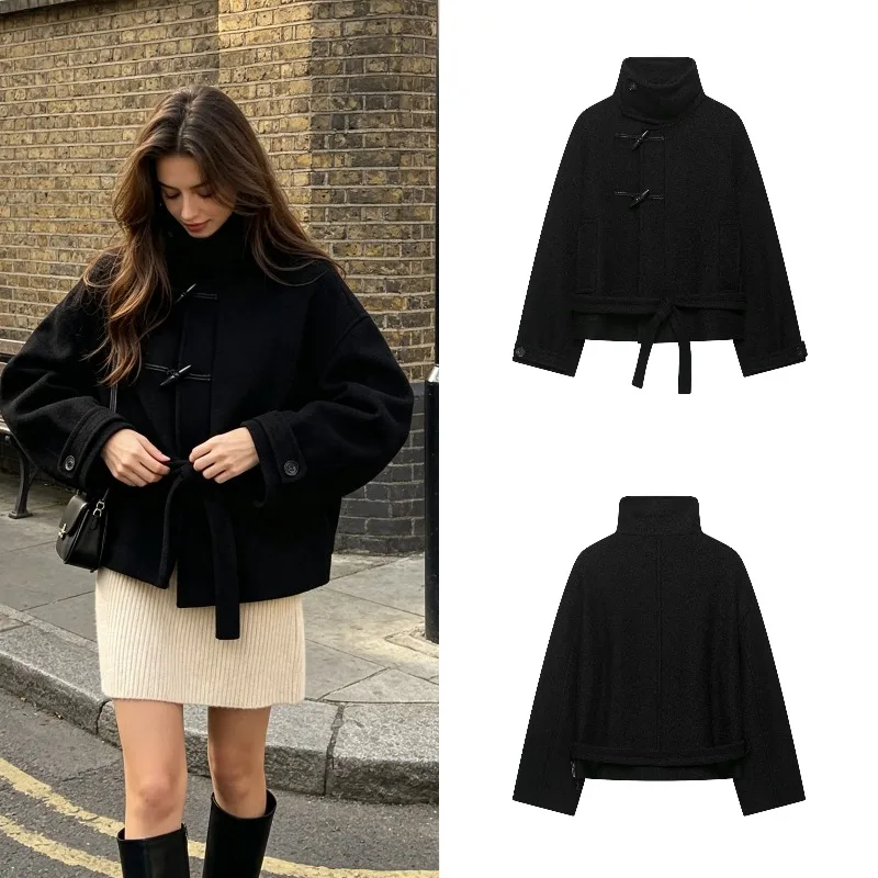 Women S Jacket 2026 Fall Winter New Arrival Black Long Sleeve Loose Tie Wool Coat Parka Comfortable To Wear Date Outfit