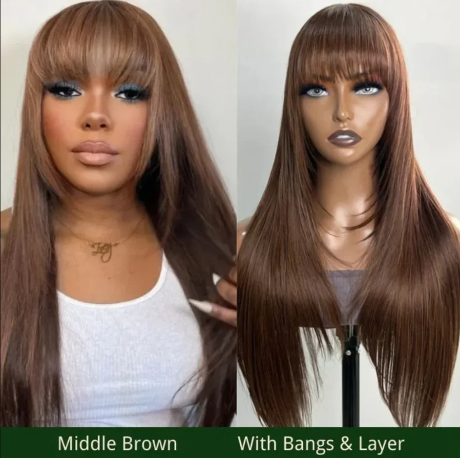 

Light Brown Body Wave Wig Middle Part Wig With Bangs Dark Root Straight Highlight Wig High Quality Natural Wavy Average Wig