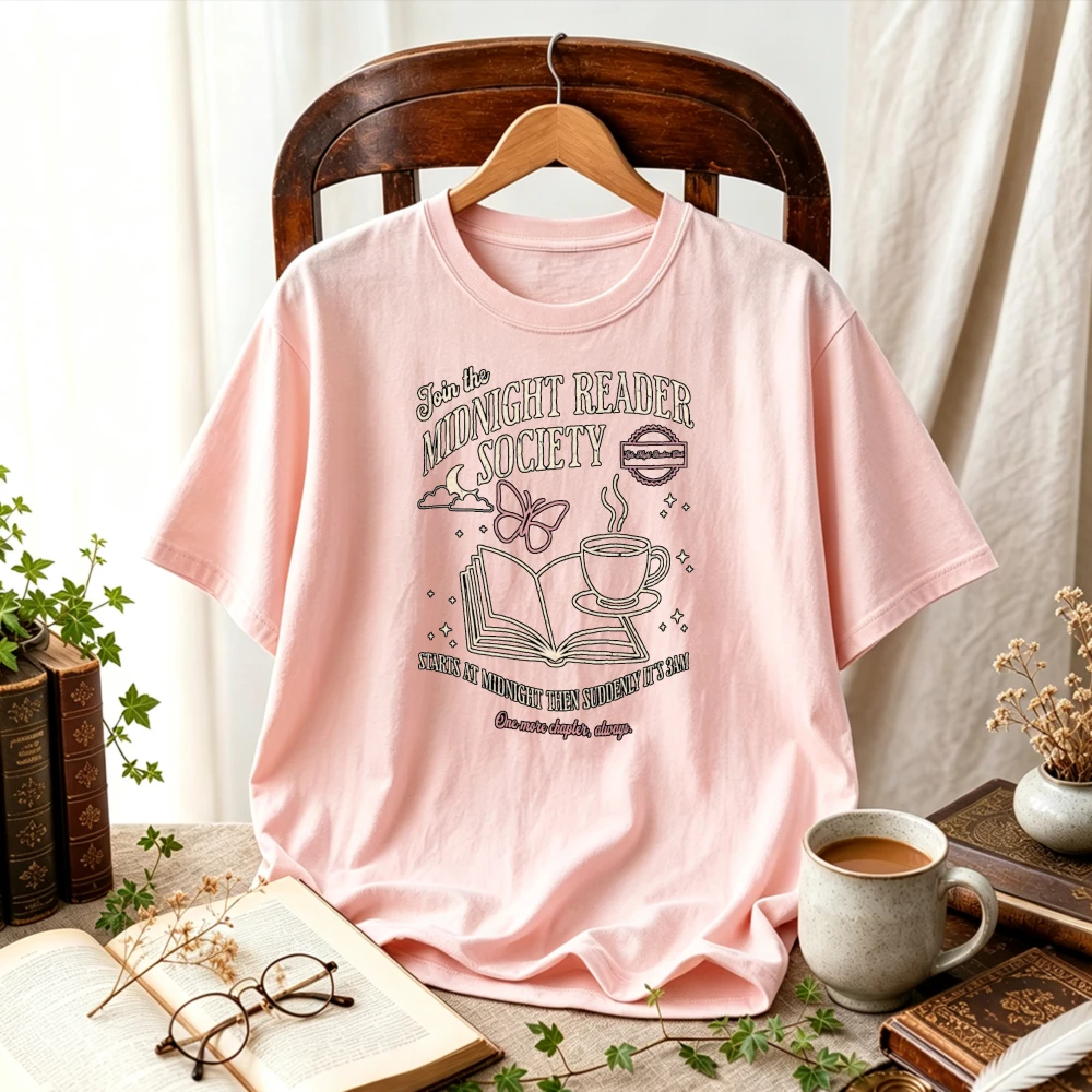 Women Join The Midnight Reader Society Graphic T-Shirt Book Lover Bookish Coffee Book Print Tee Vintage Reading Lover Casual Top