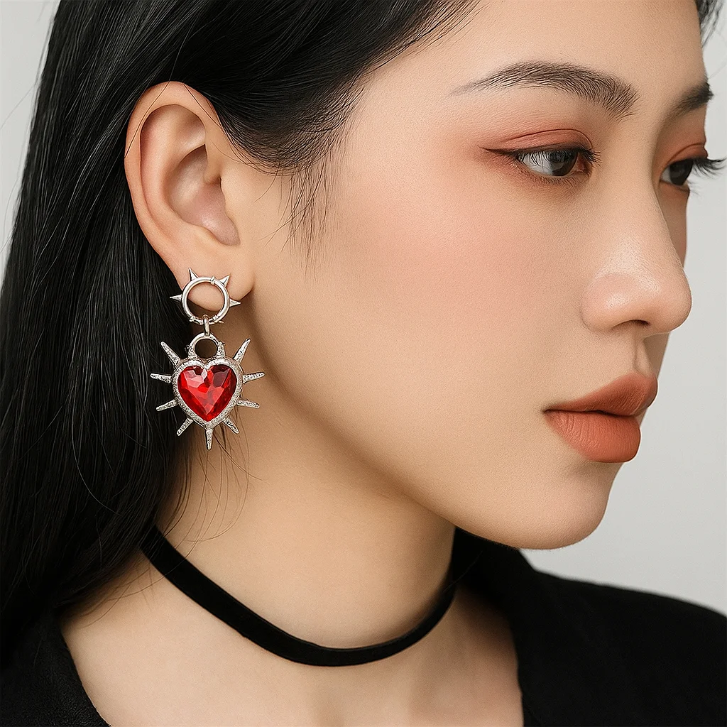 Gothic Black Red Spiky Heart Drop Earrings for Women Retro Grunge Punk Fashion Aesthetic Jewelry