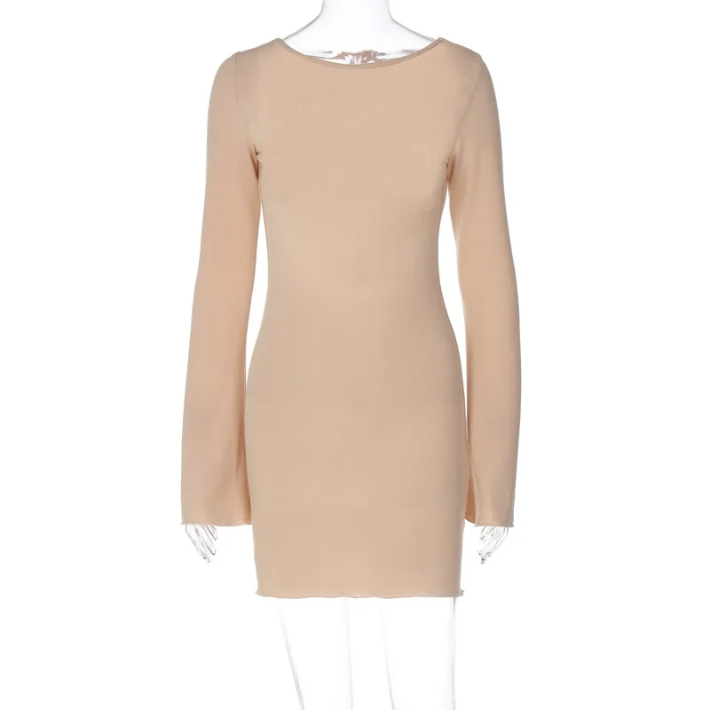 Wind2025Spring New Solid Color Ribbed Long Sleeve Sexy Backless Slim Dress for Women