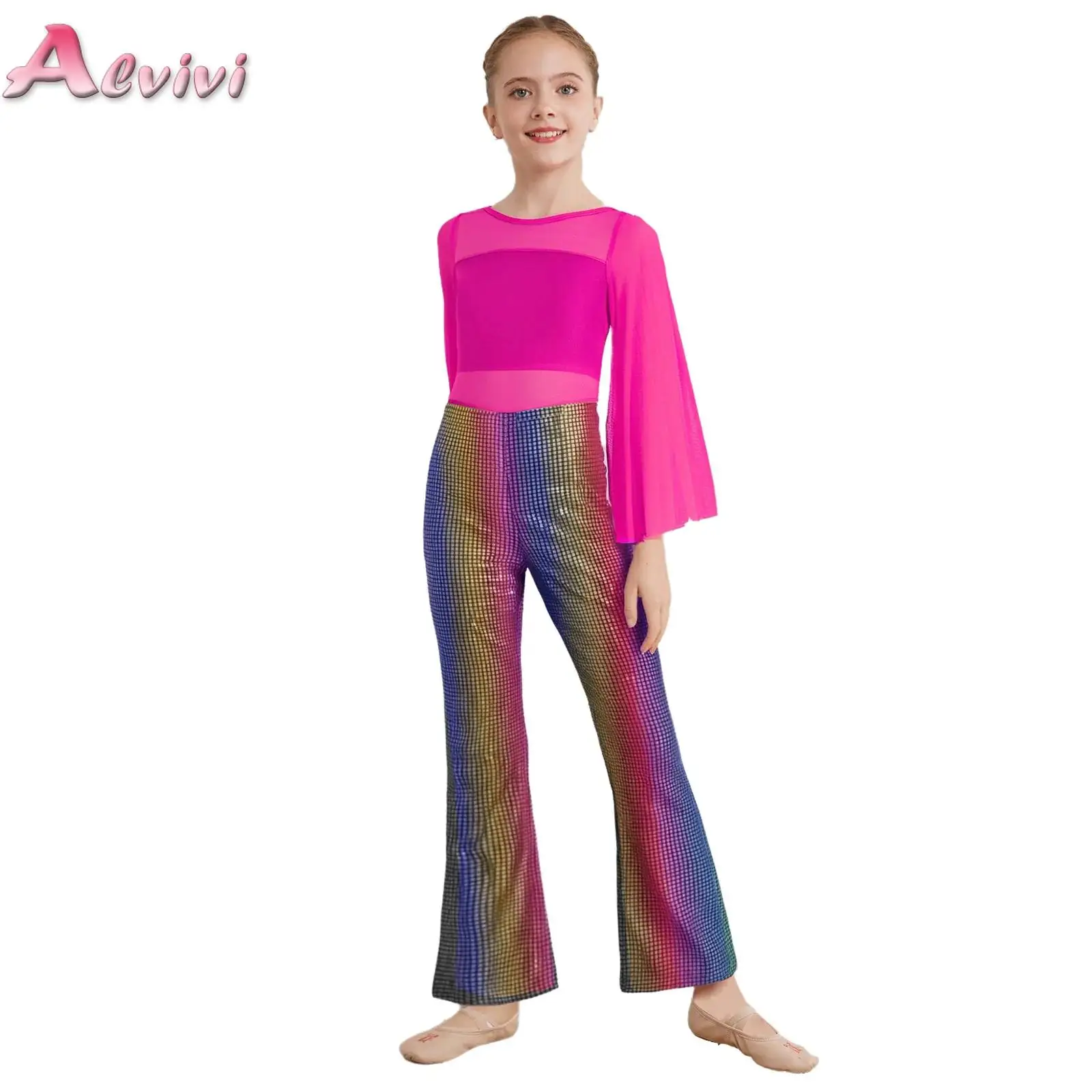 

Kids Girls Jazz Dance Performance Costume Long Flared Sleeves Sheer Mesh Metallic Plaid Bell-Bottom Jumpsuit Disco Latin Unitard