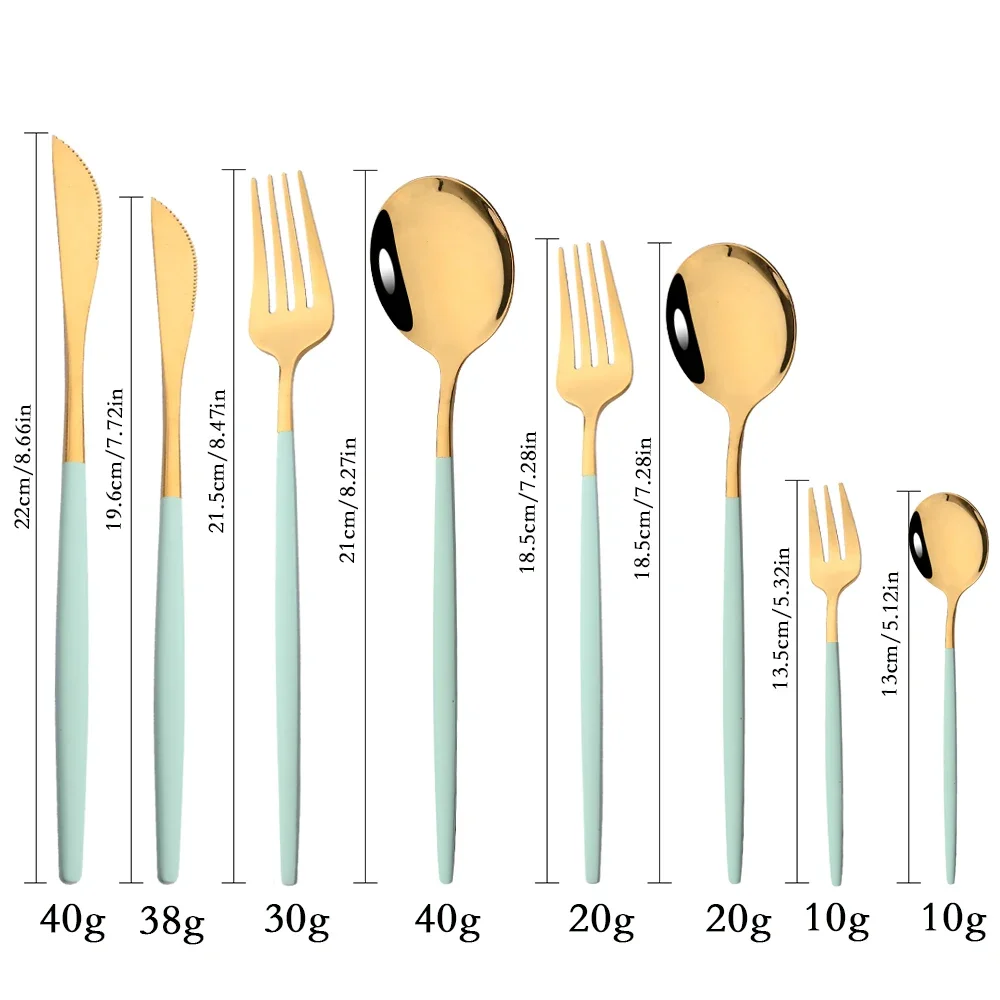 48Pcs Mint Gold Cutlery Set Mirror Stainless Steel Flatware Dessert Knife Fruit Fork Coffee Spoon Dinnerware Kitchen Tableware