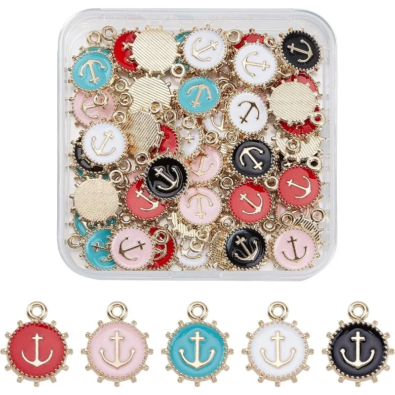

50 шт., 5 цветов, круглые подвески с якорем из сплава, морские Подвески, красочные эмалевые подвески, подвески для DIY ювелирных изделий, браслетов, ожерелий