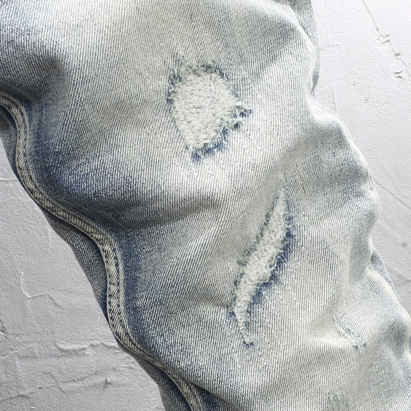 Street Fashion Men Jeans Retro Light Blue Stretch Slim Fit Hole Patched Ripped Jeans Men Embroidery Designer Vintage Denim Pants