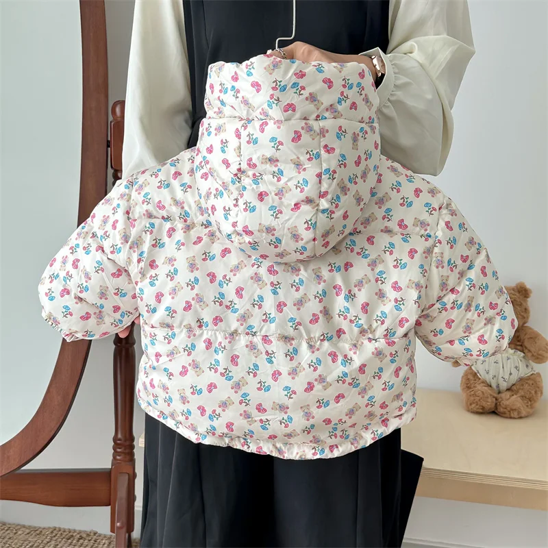 Girls Down Coats Kids Plus Velvet Floral Down Jackets Winter Children Padded Warm Clothing New Baby Hooded Print Outerwear 1-6Y