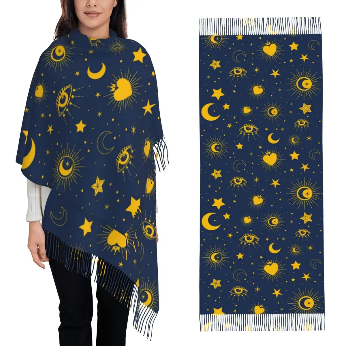 

Звезды Солнце Луна Созвездие Планета Глаза Шарф Шарфы с кисточками Женские мягкие теплые шали и накидки Длинная осенне-зимняя шаль