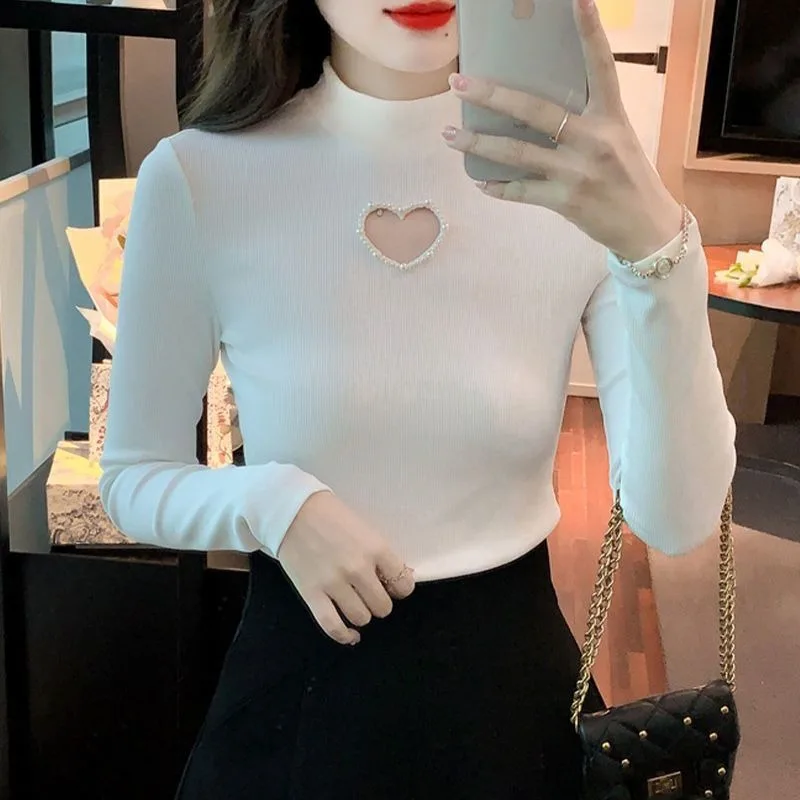 Half High Collar T-shirts Women Plus Velvet Thermal Love Pearls Hollow Out Long Sleeve Underlay Tops Slim Sexy Design Fashion