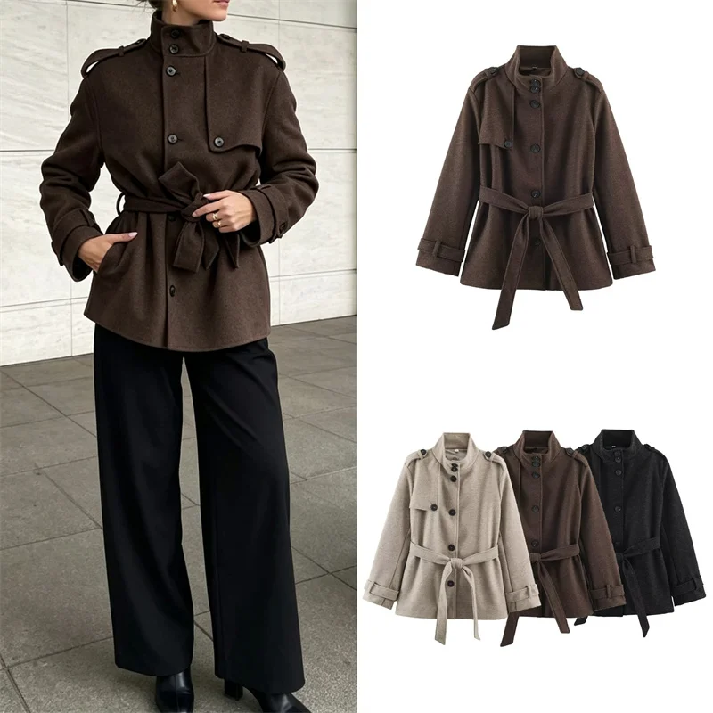 Guobioziy 2026 Women's Autumn Winter New Woolen Coat Stand Collar Button Belted Trendy Mid