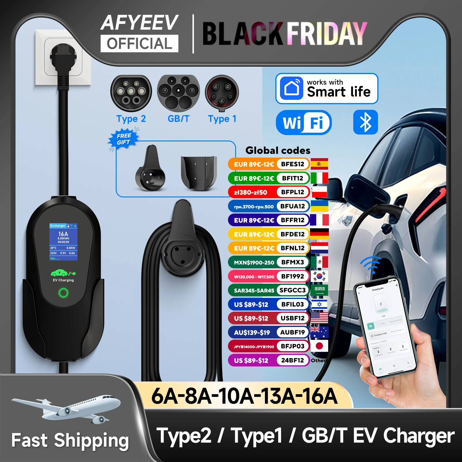 AFYEEV 3600W Portable Type 2 IEC62196-2 EV Charger Type1 SAE J1772 Electric Car Charger EU Plug WiFi Bluetooth APP Control