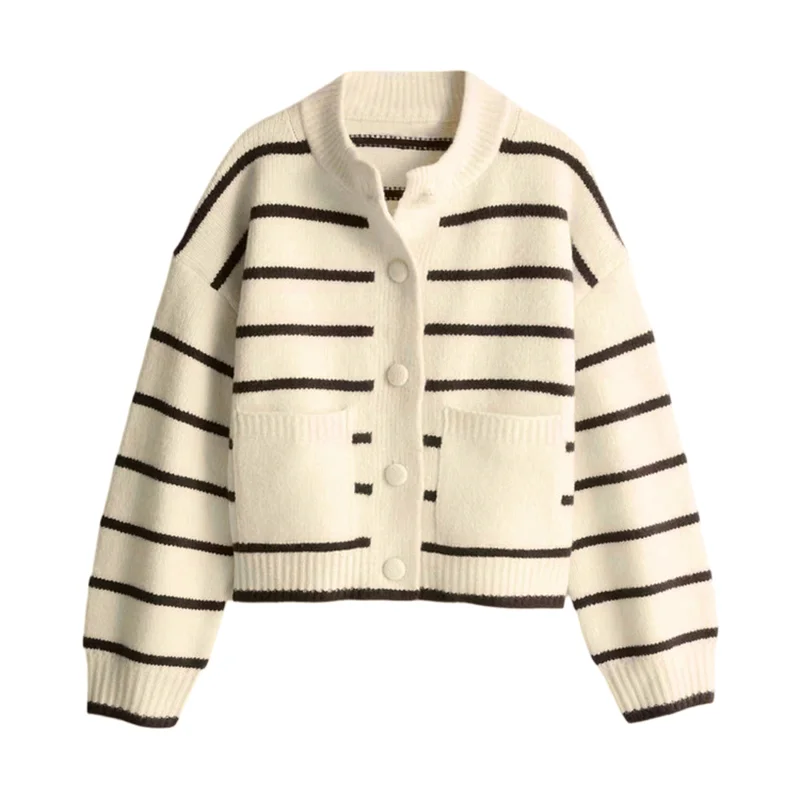 Casual Knit Printed Sweater Women Autumn Winter Loose Stand Collar Long Sleeve Button Knitwear Female 2026 Chic Lady Cardigan