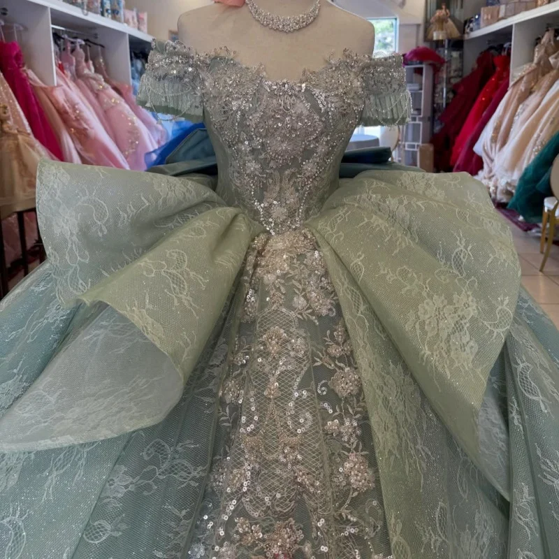 Mint Green Quinceanera Dress Glitter Crystal Decal Long tail off-shoulder Lace Layering Bow Vestidos De 15 Quinceanera ﻿Customiz