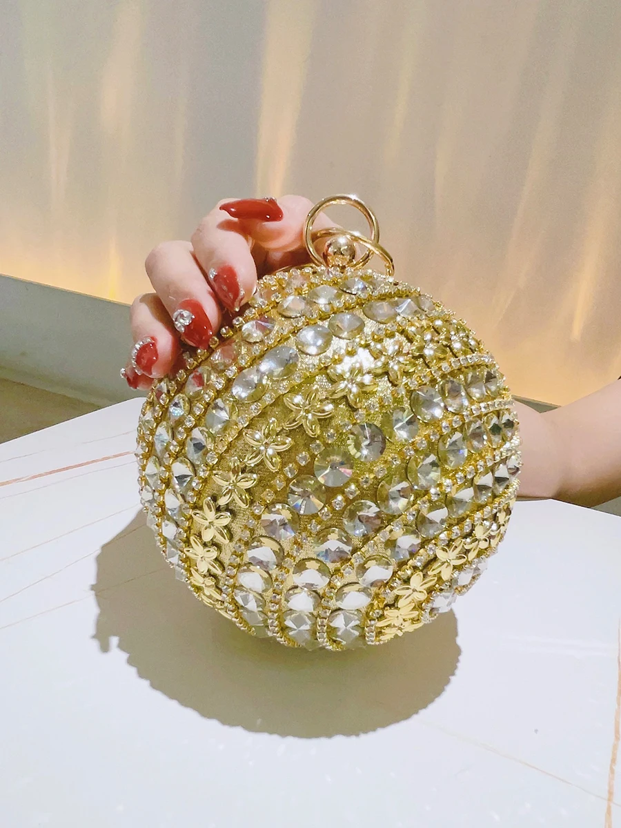 Flower Rhineston Clutch Purse Mini Round Handbag Luxury Elegant Evening Bag For Women Bride Bridesmaid Wedding Party Handbag