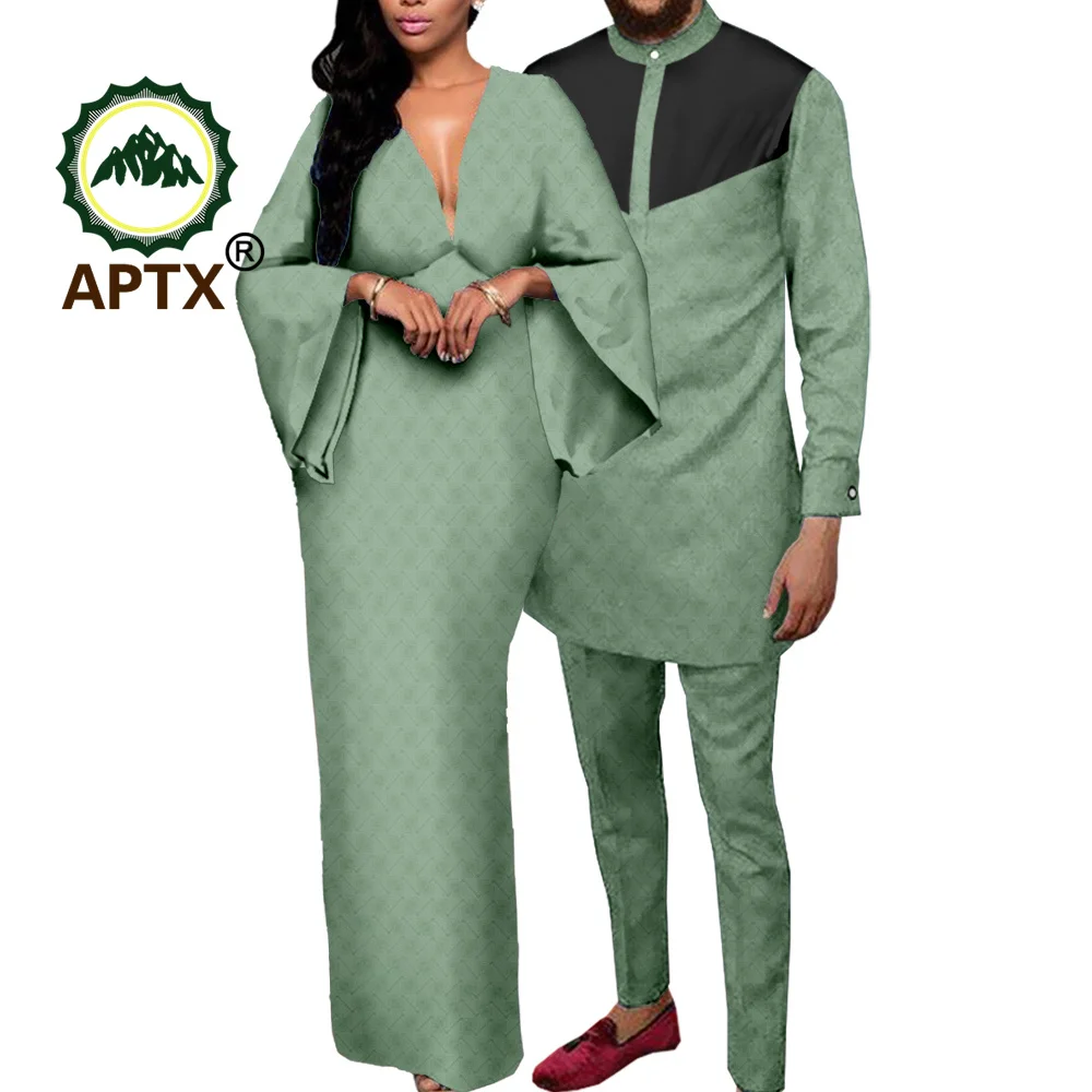 Vêtements Africains Dashiki pour Couple, Tenues Assorties, Sexy, Col en V Profond, Bal de Promo pour Femmes et Hommes, Ensemble Chemise et Pantalon, Vêtements de Mariage, TY23C088