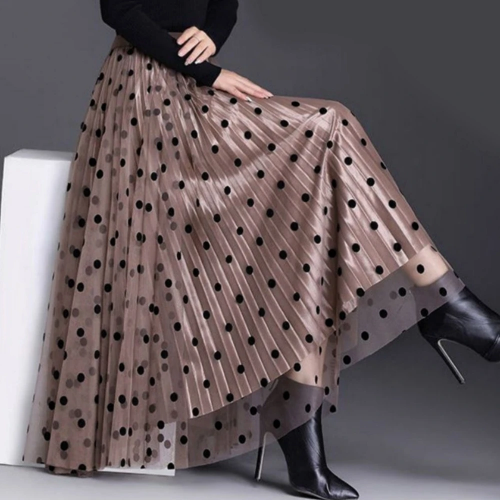 Women's Mesh Flower Skirts 2024 Autumn Winter Lace Flocking Big Swing Elastic High Waist Fashion Elegant A-line White Skirt Dot