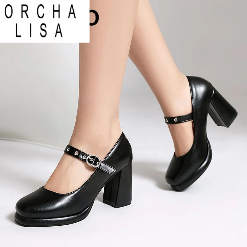 

ORCHA LISA Роскошные женские туфли-лодочки с круглым носком на массивном каблуке 8 см на платформе с пряжкой и ремешком, большой размер 41 42 43 Классические женские туфли Мэри Джейн