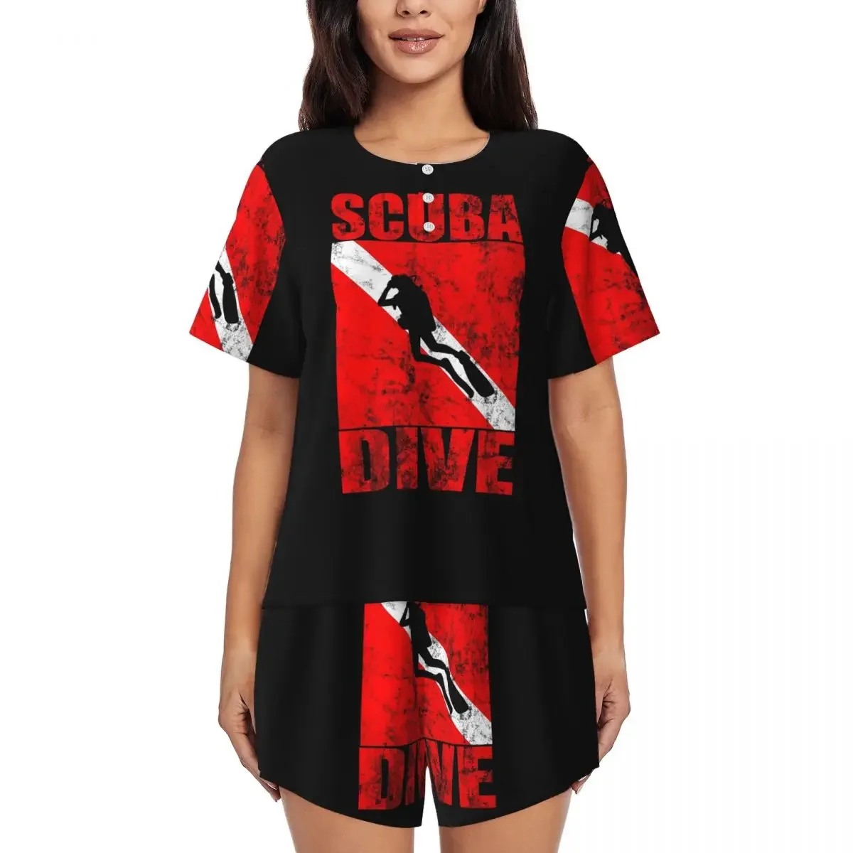 

Scuba Dive Diver Down Flag Diving Gear Round Neck Short Sleeves Nightdress for Sleepshirts Women Loose Pajama Set Short Pants