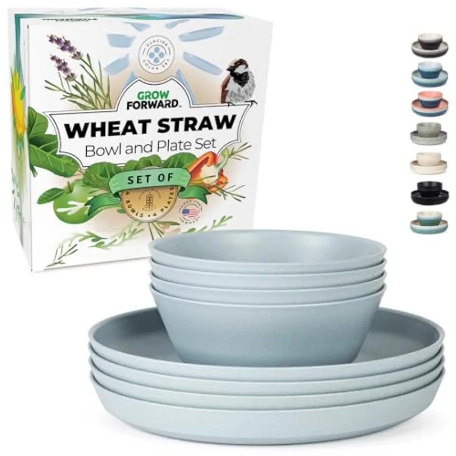 

Наборы тарелок и мисок из пшеничной соломы премиум-класса, 8 предметов, небьющаяся многоразовая безопасная посуда для микроволновой печи для приключений на свежем воздухе, дорожка на колесах