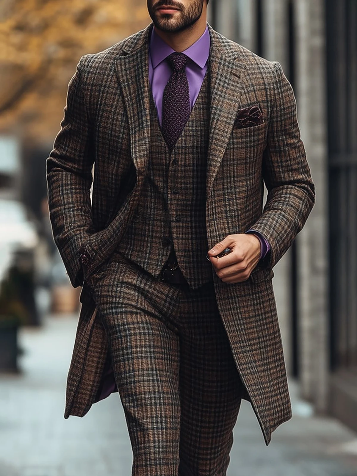 Plaid Winter Men's Woolen Suits 3 Pcs Long Tweed Blazer Overcoat Vest And Pants Customized Business Meeting Formal Suits