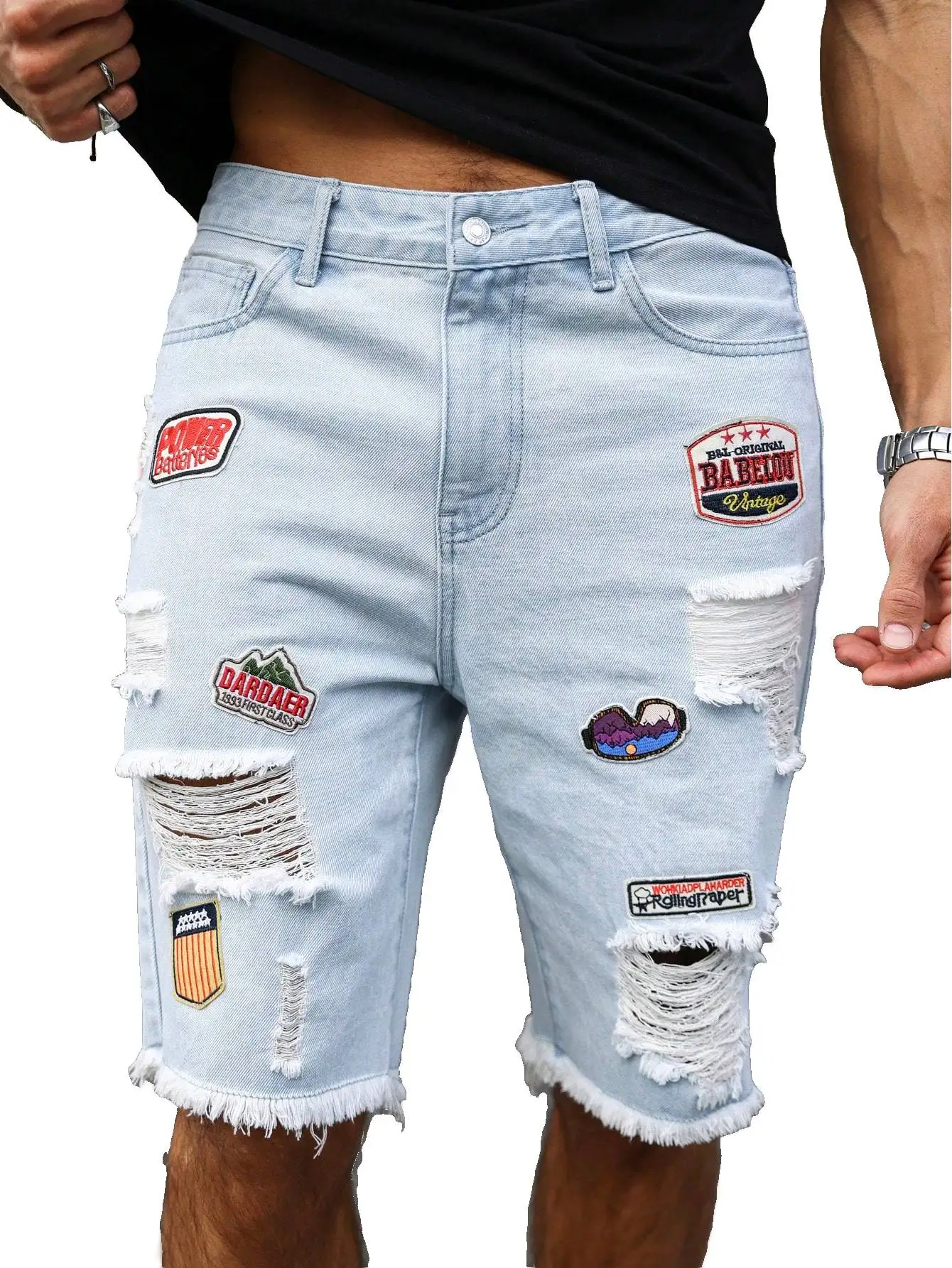 Men's light blue ripped denim shorts with patches for summer. Frayed edge design, showcasing street - style and a casual vibe.