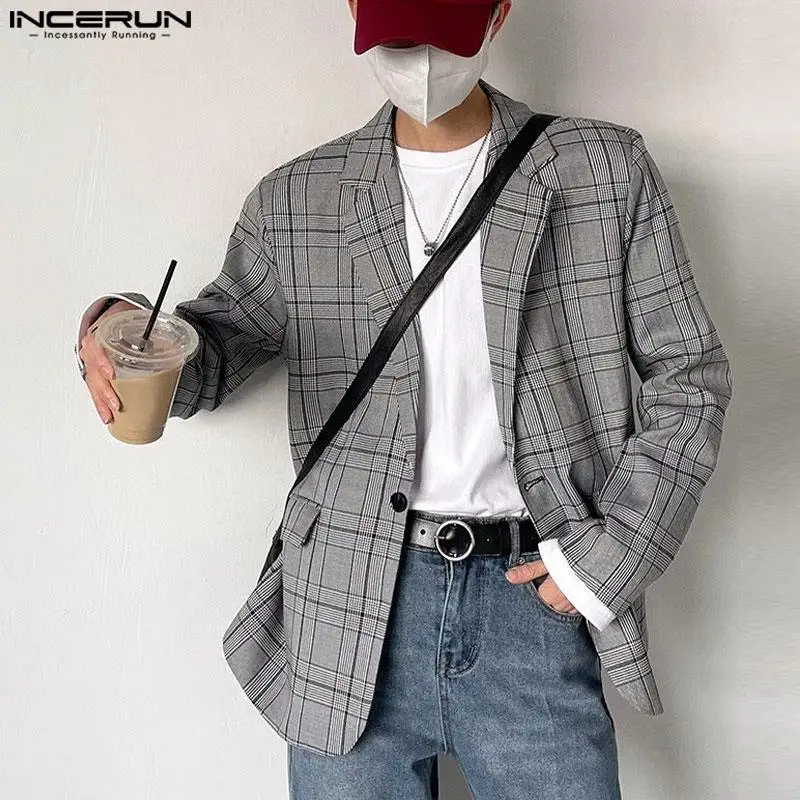 INCERUN Tops 2024 Korean Style Handsome Men Plaid Design Suit Coats Autumn Winter Casual Well Fitting Long Sleeved Blazer S-5XL