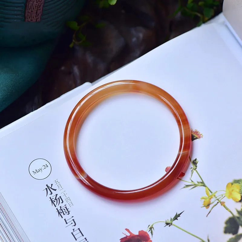 Natural Red Round Chalcedony Cylindrical Date Sugar Color Thin Narrow Agate Jade Stone Bangle Jewellery Accessories Gift