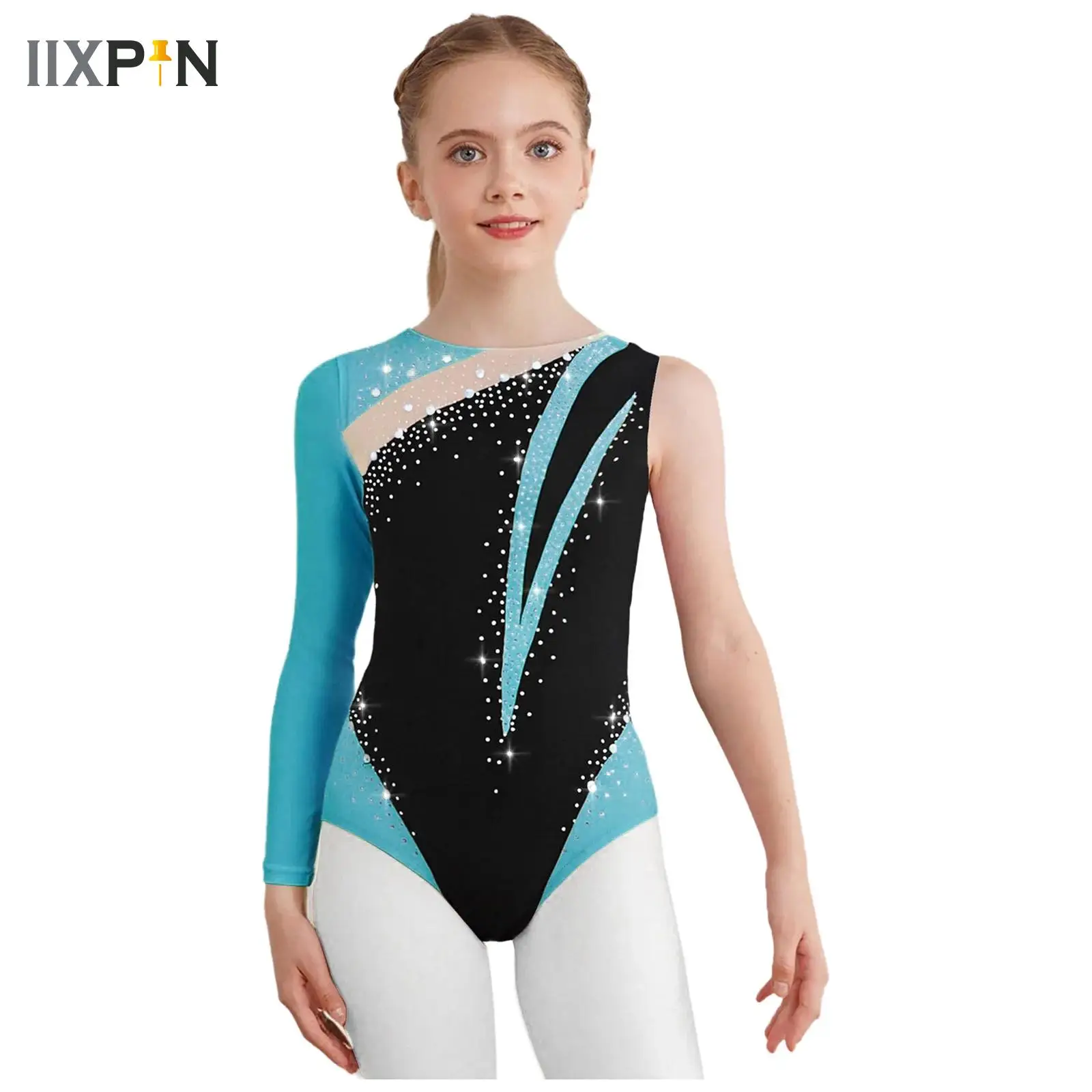 Kid Girls Single Long Sleeve Gymnastics Leotard Ballet Unitard Shiny Rhinestones Workout Figure Skating Performance Bodysuit