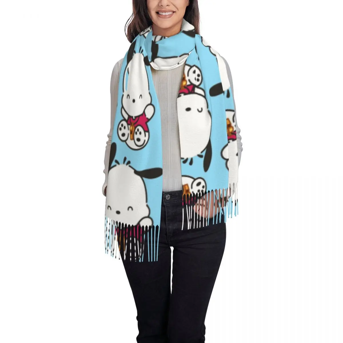 Изготовленный на заказ шарф с героями мультфильмов Pochacco для женщин, длинные зимне-осенние теплые шаль с кисточками, шарфы унисекс