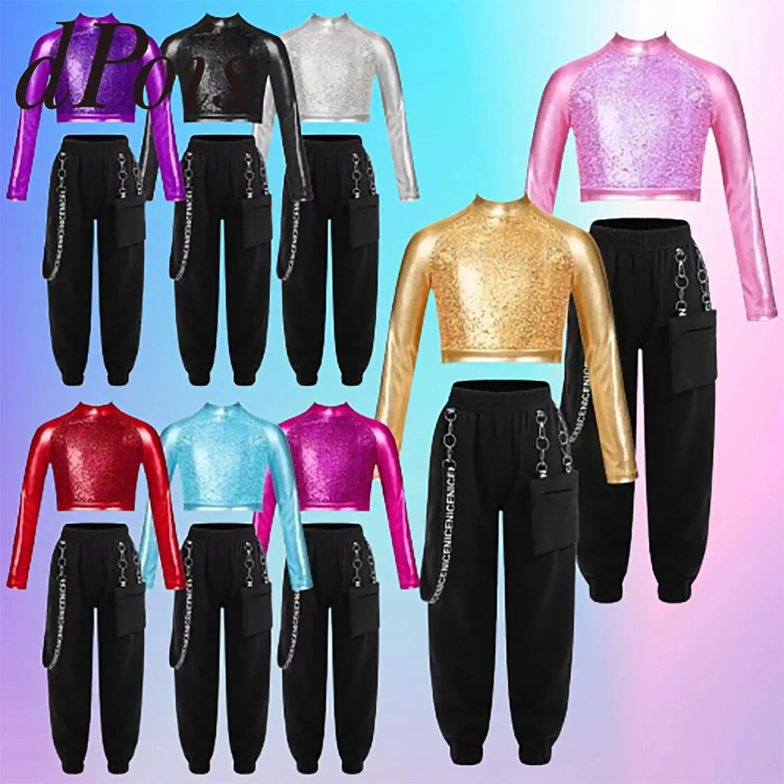

Children Metallic Jazz Dance Costumes Outfits Shiny Sequin Crop Top with Cargo Pants Performance Wear Kids Girls Hiphop Clothes