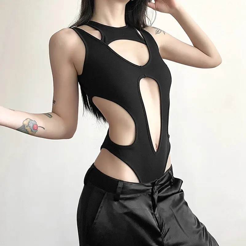 Women's Summer Bodysuit Solid Sexy Cutout Mesh Slim Fit One Piece Jumpsuit