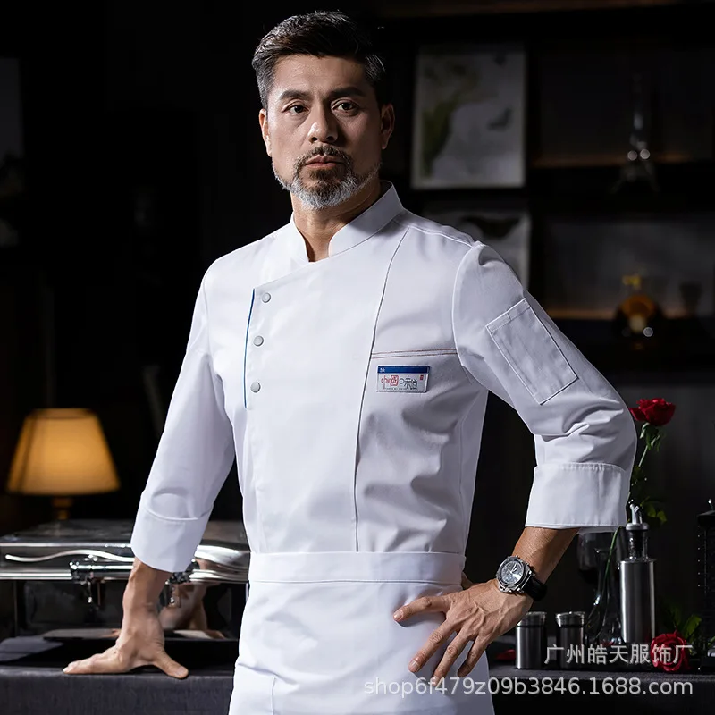 Dining Chef Overalls Men Autumn and Winter Long Sleeves Hotel Kitchen Restaurant Canteen Rear Clothes for Cook Chef Uniform Prin