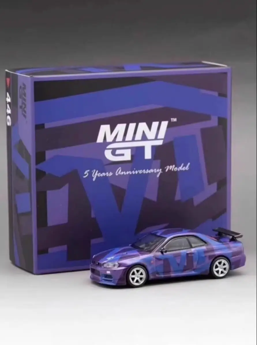 MINI GT 1:64 #446 Nissan Skyline GT-R (R34) V-Spec II MINI GT 5 Years Anniversary  Diecast Model  Race Car Kids Toys Gift