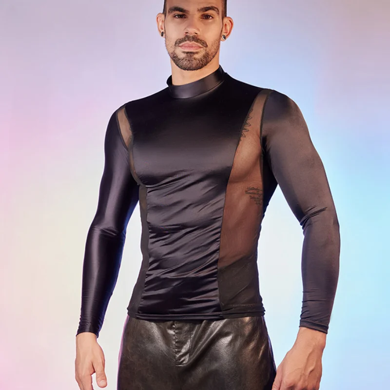 Men's T-Shirt Tight Oil Shiny Glossy Sheer Undershirt Wild High Elastic Sexy Midnight Perspective Underwear Singlets Muscle Tops