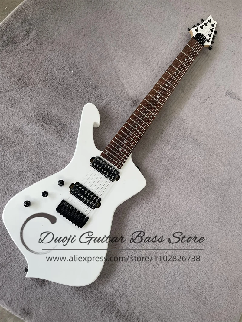 8 Strings Left Hand Electric Guitar Iceman White Body Rose wood Fingerboard 5 Pieces Neck Fixed Bridge Black Tuners