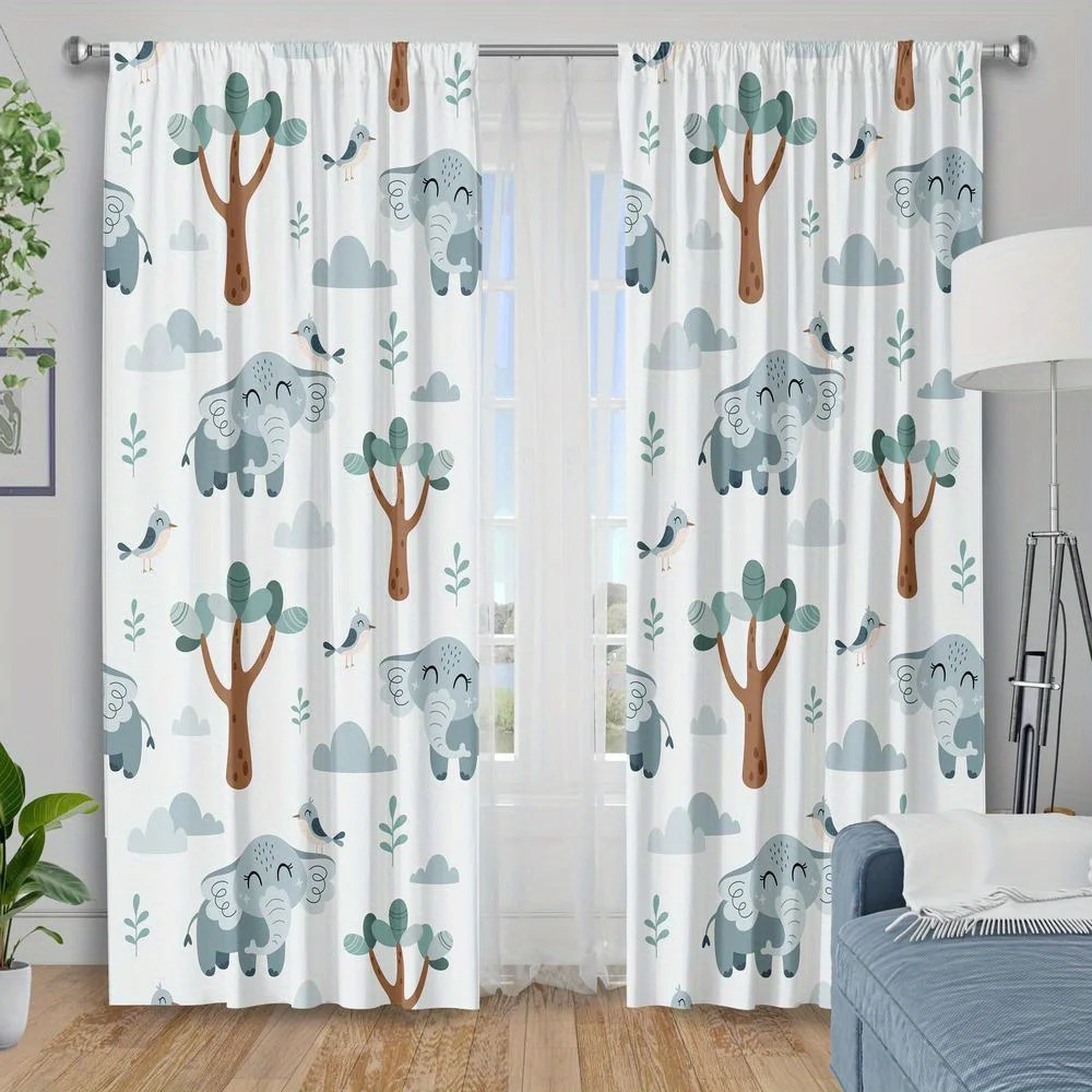 2pc Elephant and tree pattern curtains, polyester fabric, machine washable, suitable for bedrooms and living rooms.