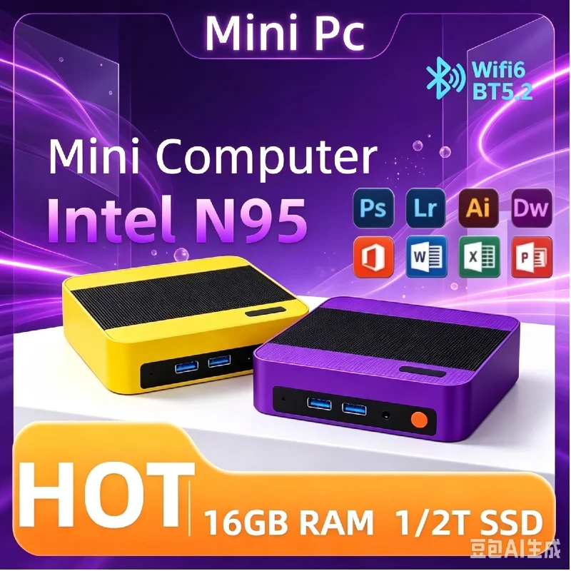 Core N95 Fanless Mini PC,16GB DDR4,512GB NVMe SSD,Triple 4K Output,Silent Running,Small Desktop for Home & Office