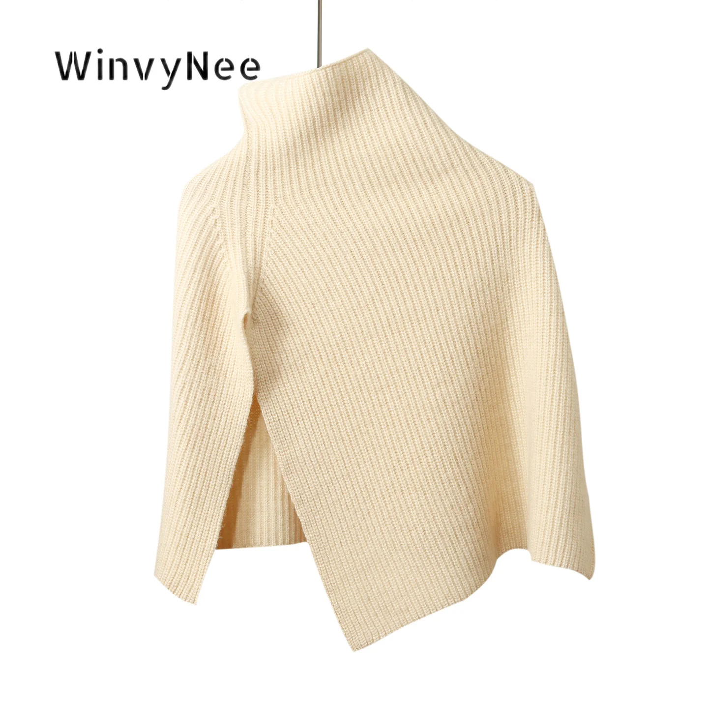 WinvyNee Women High Neck Split Knitted Shawl Solid Color Pure Wool Cozy Chic Versatile Cold Weather Neck Accessory ZG1673017