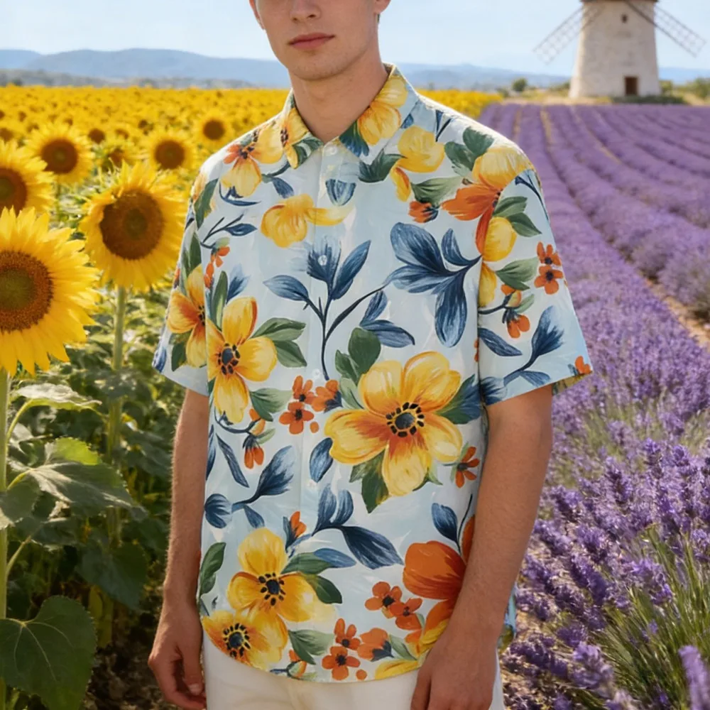 

Men's Floral Print Holiday Shirt Short Sleeve Button Down Hawaiian Shirt Loose Fit Casual Top for Travel, Beach & Garden Party