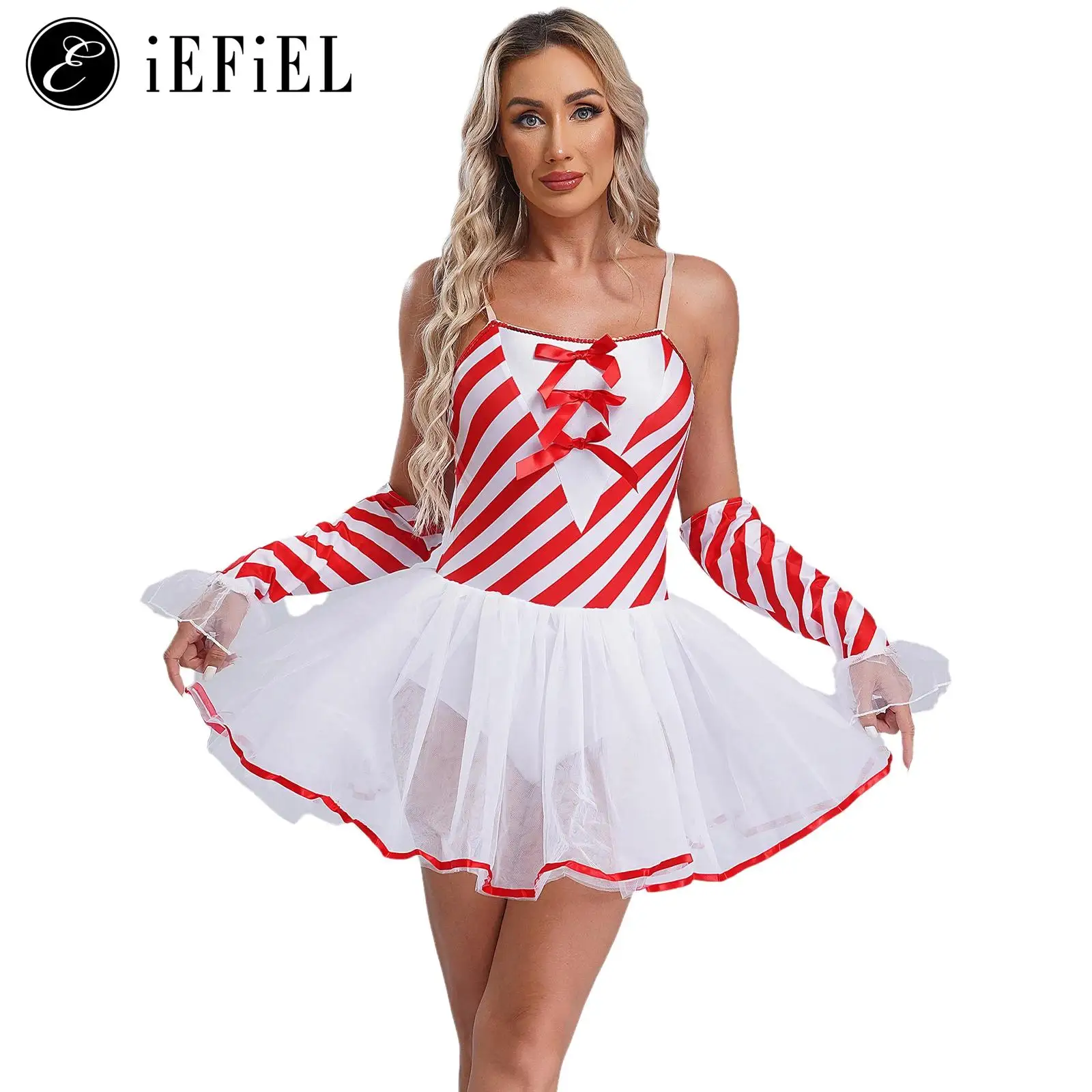 

Women Christmas Candy Cane Costume Spaghetti Straps Striped Ballet Dance Dress with Oversleeve Xmas Ice Skating Dancewear