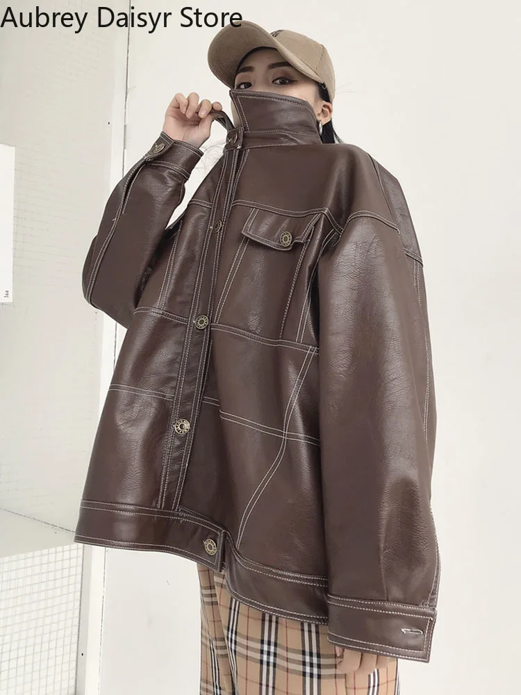 Chaqueta de cuero negro coreano para mujer, ropa de calle Harajuku, chaqueta de Moto suelta, ropa de calle Vintage Punk, abrigo de motorista, 2022